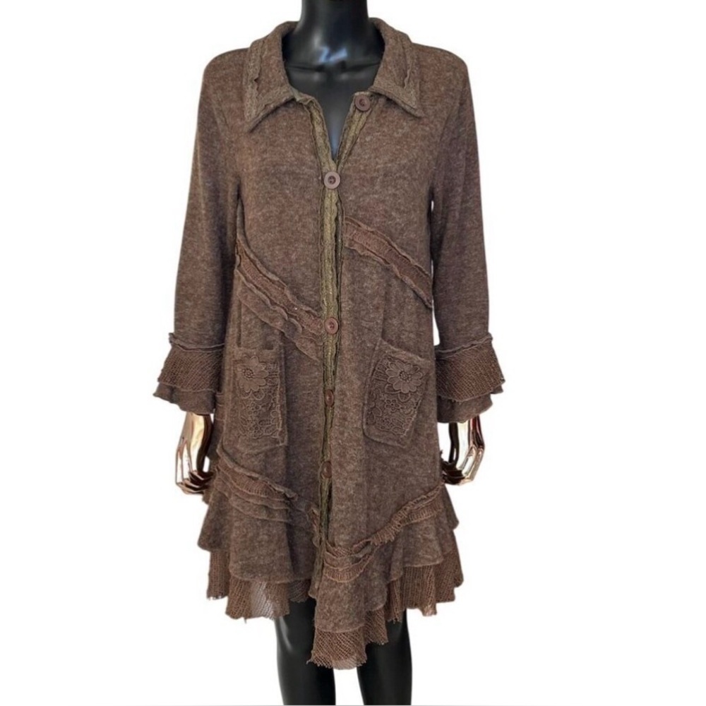 Pretty Angel Brown Boho Lagenlook Ruffle Lace Cardigan Jacket Size M